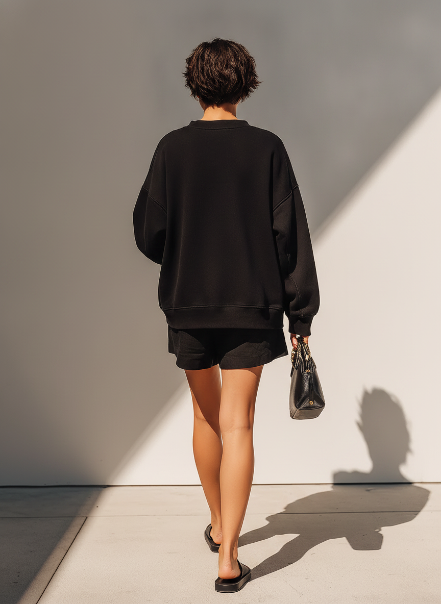 Women's Solid Black Cotton Fabric Co-Ord With Long Sleeve Loose Sweat Top & Relaxed Fit Casual Shorts, Modern Effortless-Chic Daily Athleisure Outfit