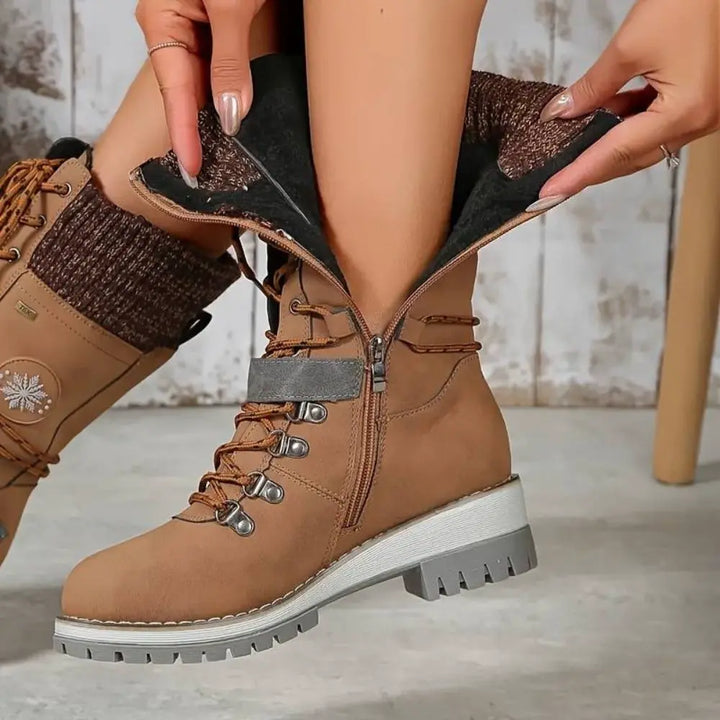 Botas de nieve con cordones para mujer – Puño de punto y hebilla – Suela antideslizante