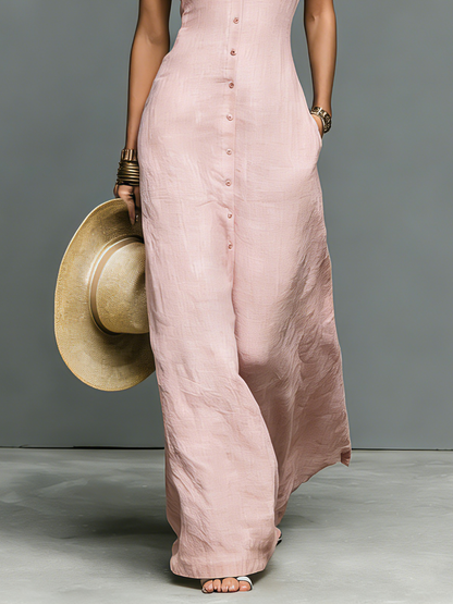 Women's Minimalist Linen-Blend Stand-Collar Single-Breasted Sleeveless Maxi Dress