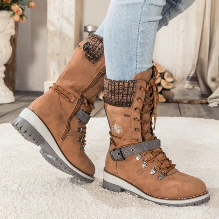Botas de nieve con cordones para mujer – Puño de punto y hebilla – Suela antideslizante