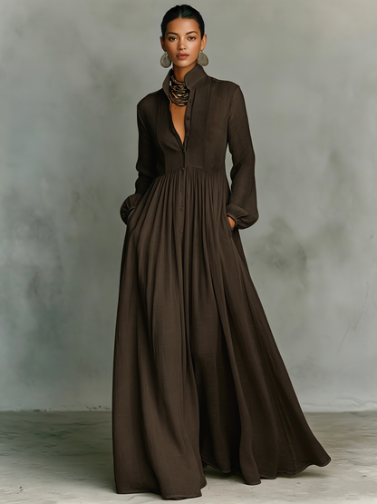 Women's Minimalist Cotton And Linen Patchwork Single-breasted Stand-up Collar Long-sleeved Maxi Dress