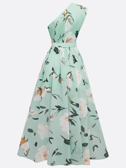 Julie | Light Green Floral One-Shoulder Maxi Dress