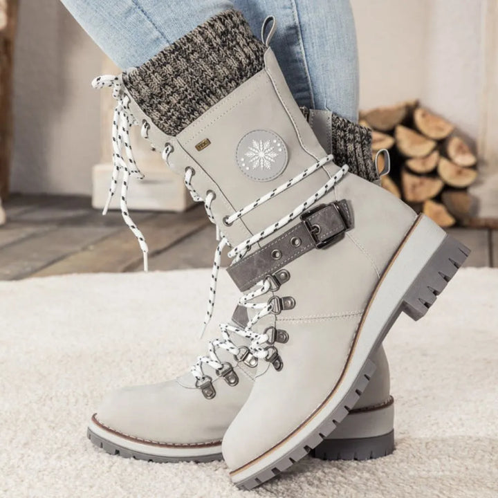 Botas de nieve con cordones para mujer – Puño de punto y hebilla – Suela antideslizante