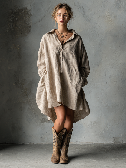 Women's Fashion Loose Cotton And Linen Button Lapel Mini Dress