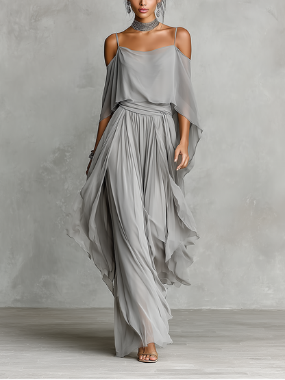 Women's Grey Breathable Chiffon Set With Cold-Shoulder Detail & Flared Silhouette, Contemporary Luxury-Feminine Style Set