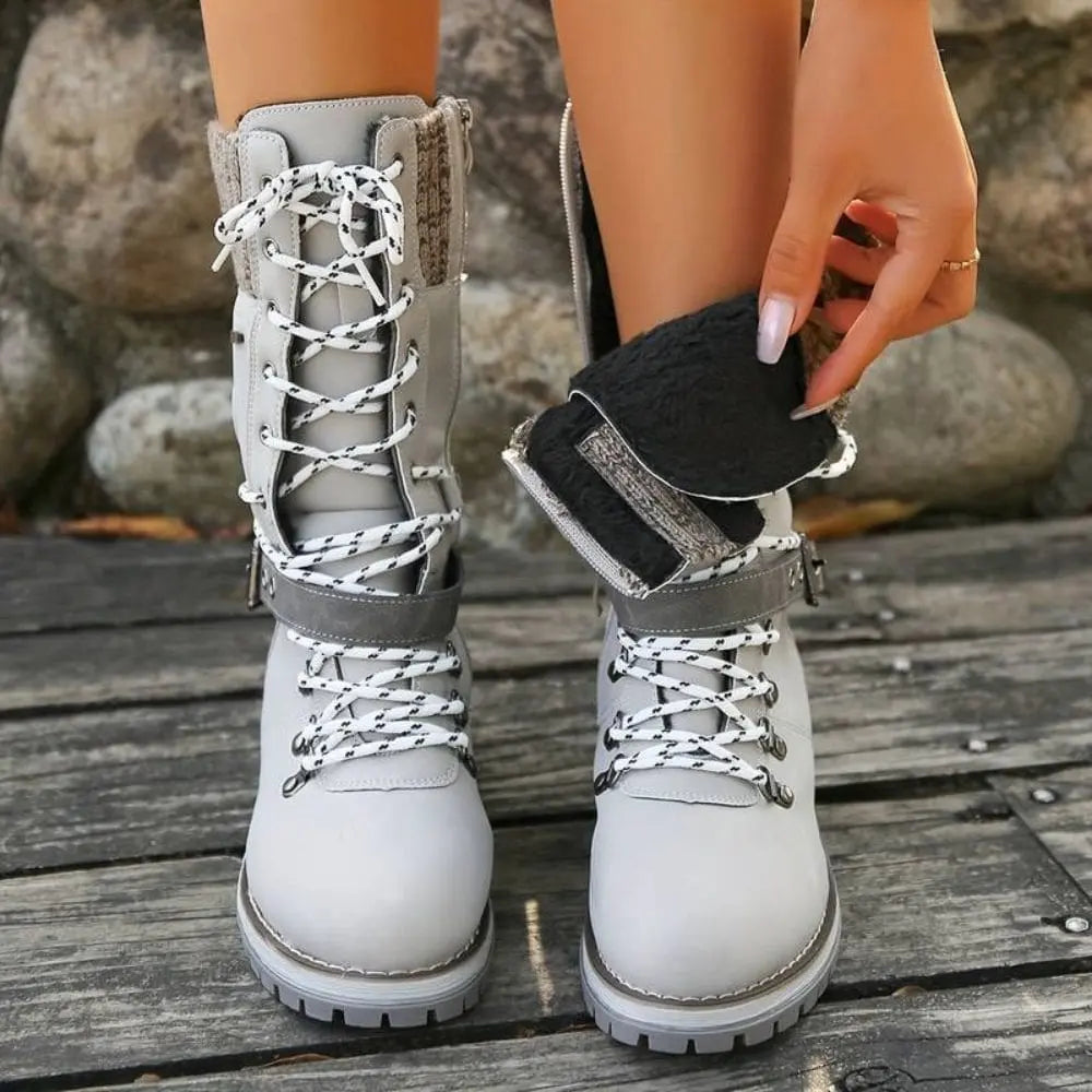 Botas de nieve con cordones para mujer – Puño de punto y hebilla – Suela antideslizante