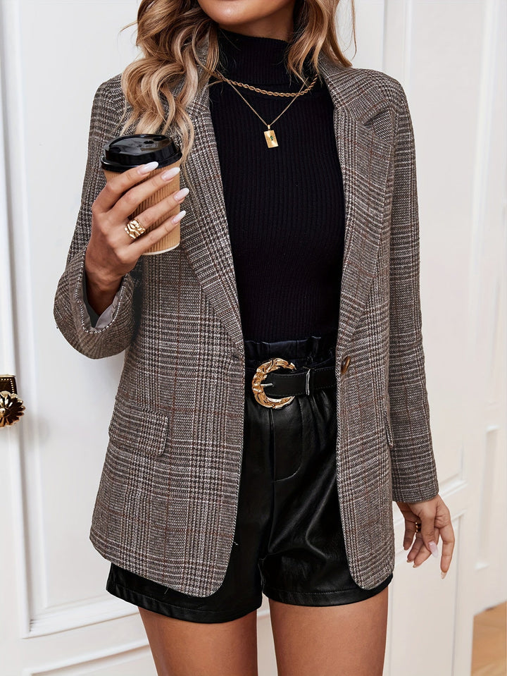 Women Plaid Button Long Sleeve Blazer Jacket