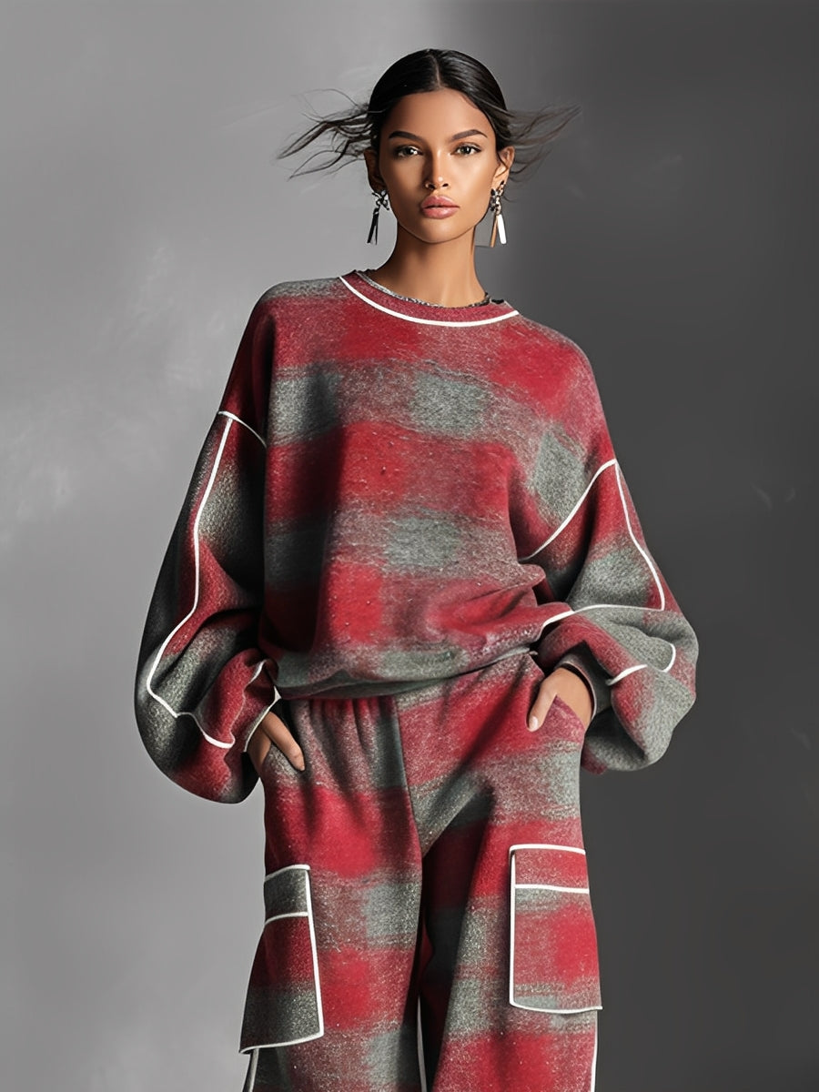 Women's Red And Gray Plaid Brushed Distressed Street Style Color-Blocked Piping Pantsuit Set