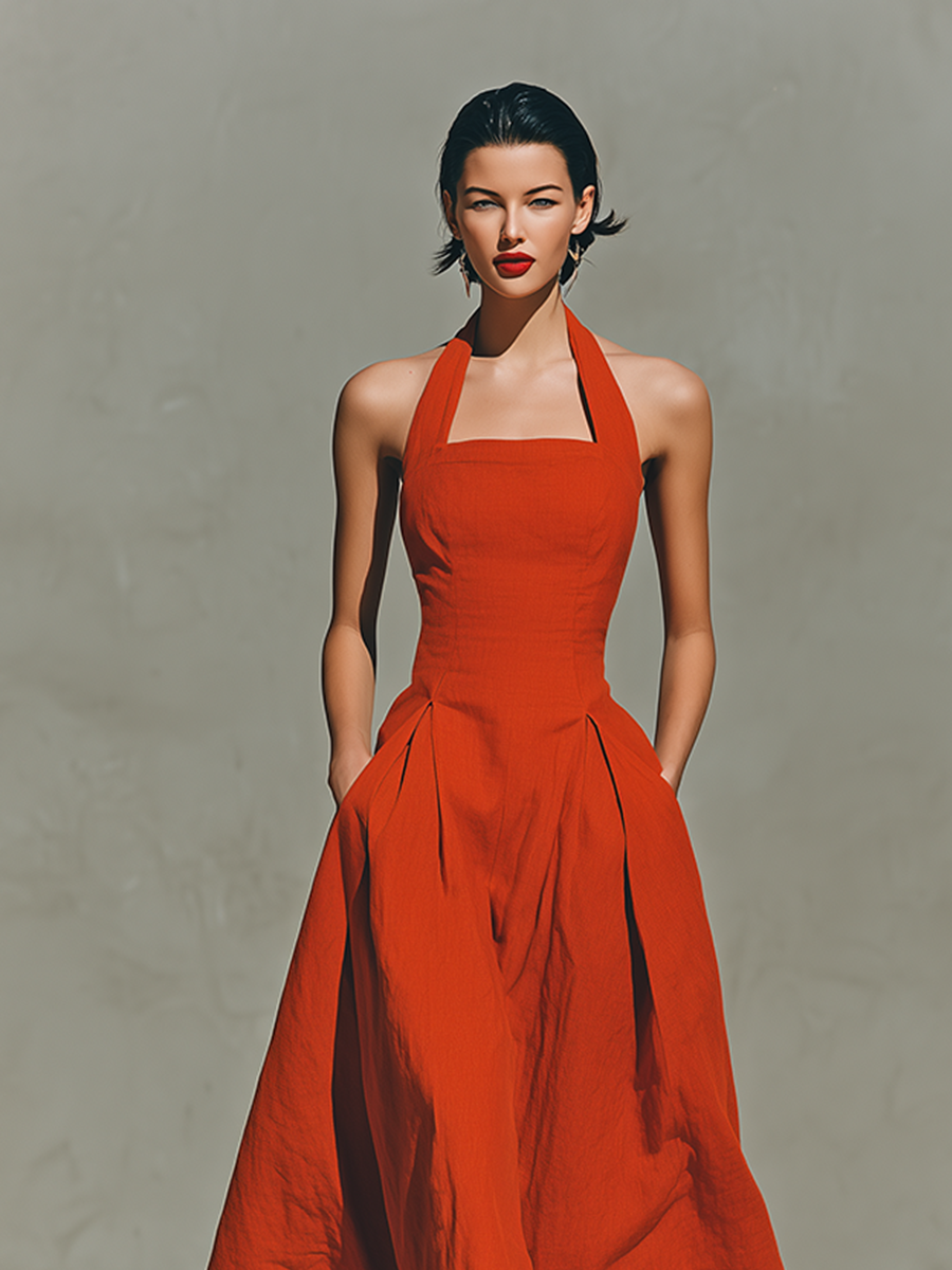 Women's Red Linen Maxi Dress With Halter Neck & Pleated Skirt, Timeless Elegant-Resort Style Dress