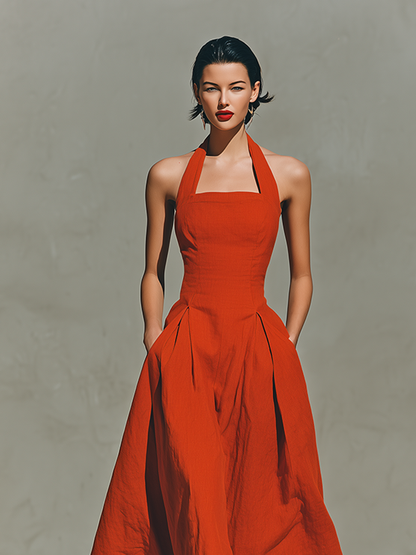Women's Red Linen Maxi Dress With Halter Neck & Pleated Skirt, Timeless Elegant-Resort Style Dress