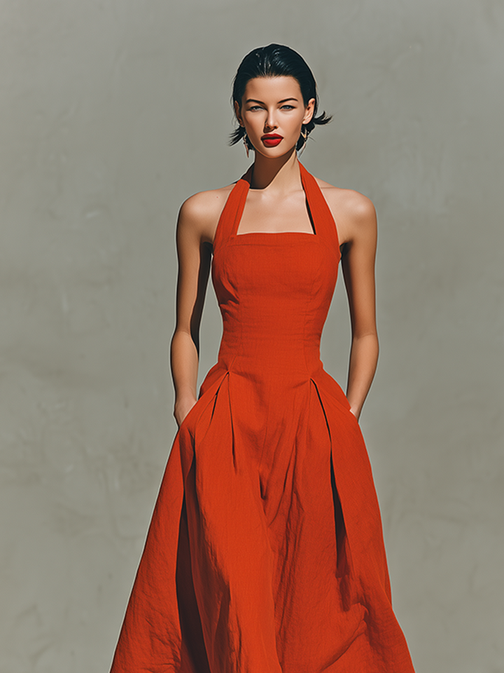 Women's Red Linen Maxi Dress With Halter Neck & Pleated Skirt, Timeless Elegant-Resort Style Dress