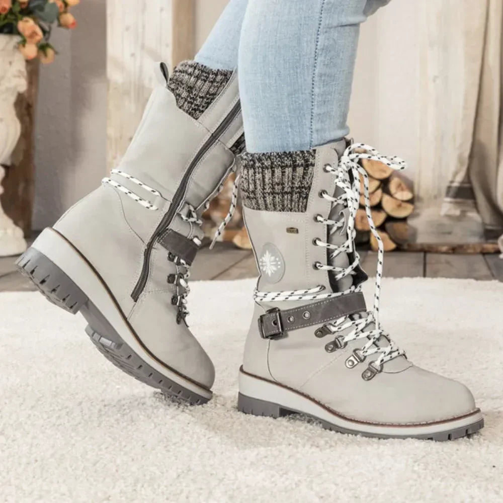 Botas de nieve con cordones para mujer – Puño de punto y hebilla – Suela antideslizante