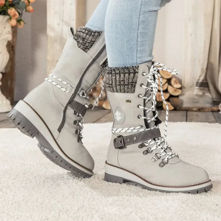 Botas de nieve con cordones para mujer – Puño de punto y hebilla – Suela antideslizante