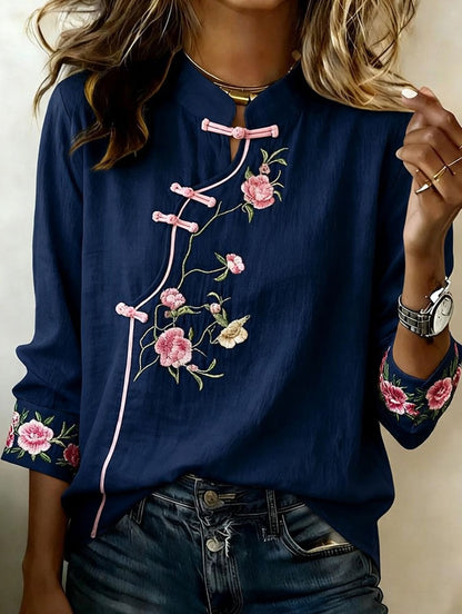 Women'S Floral Art Stand Up Collar Buckle Elegant Casual Long Sleeved Shirt