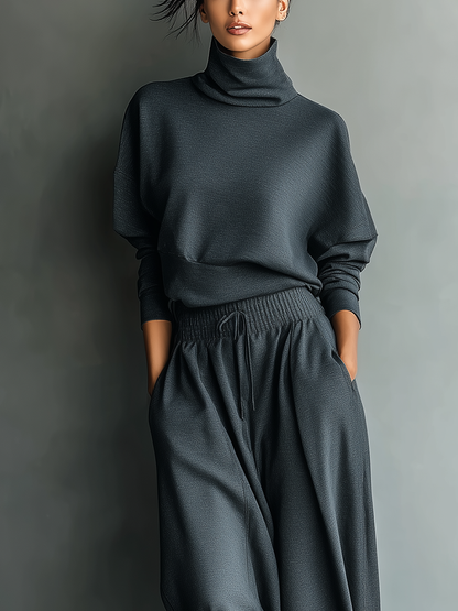 Women's Charcoal Knit Fabric Turtleneck Oversized Top & Wide-Leg Pants Set