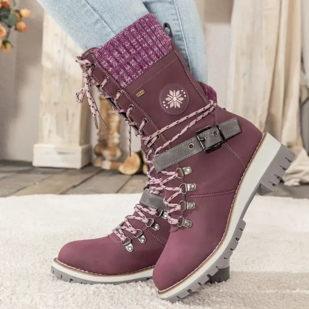 Botas de nieve con cordones para mujer – Puño de punto y hebilla – Suela antideslizante