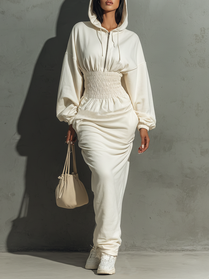 Women's Minimalist Waist Shirring Hooded Sweatshirt Maxi Dress