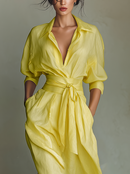 Women's Lemon Yellow Cotton And Linen Blend Maxi Shirt Dress With Tie Waist & Half Sleeves