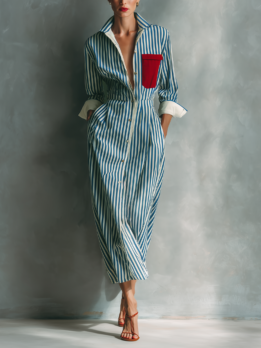 Women's Blue And White Cotton Blend Striped Shirt Dress With Red Chest Pocket