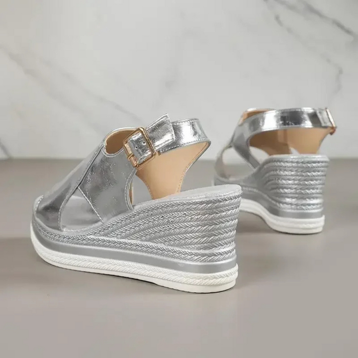 Messina Peep-Toe Buckle Wedge  Sandals