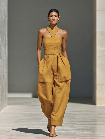 Women's Mustard Yellow Linen-Blend Jumpsuit With Crisscross Neckline & Relaxed Trousers