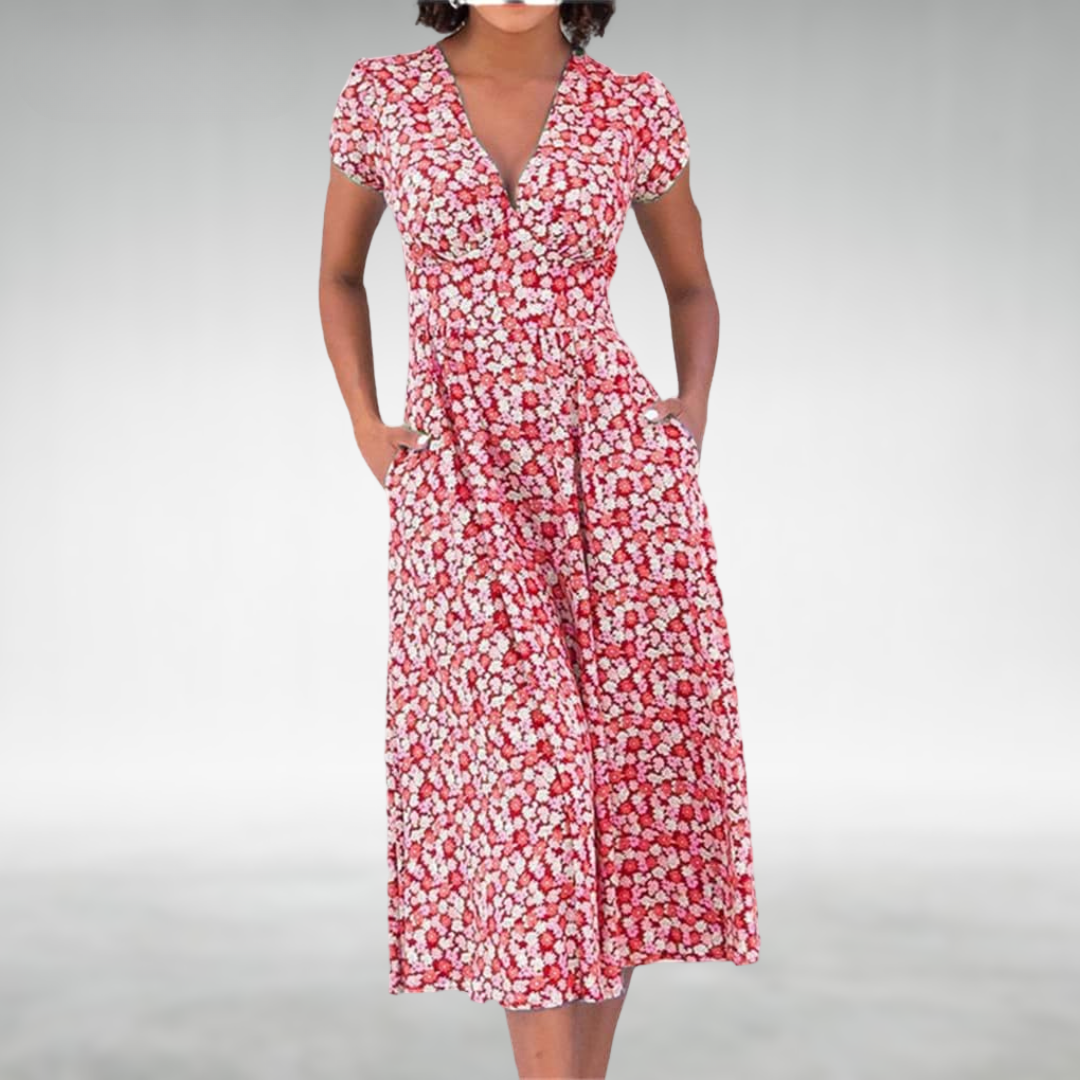 Women’s Floral V-Neck Pocket Midi Dress