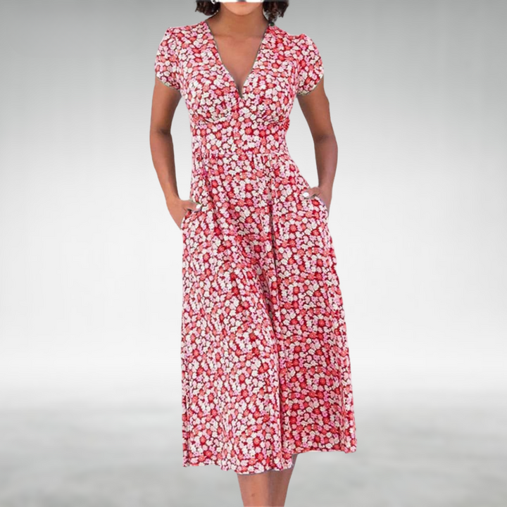 Women’s Floral V-Neck Pocket Midi Dress