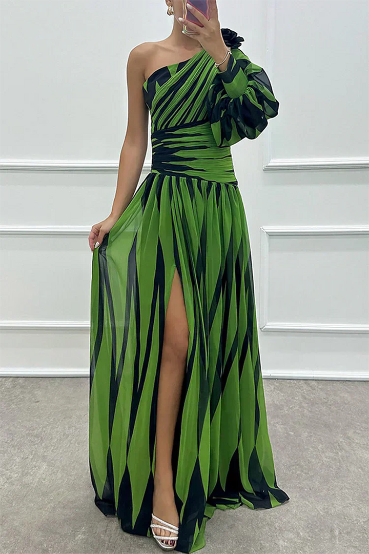 Hazel™ | Vestido Largo de Rayas con Un Hombro Descubierto