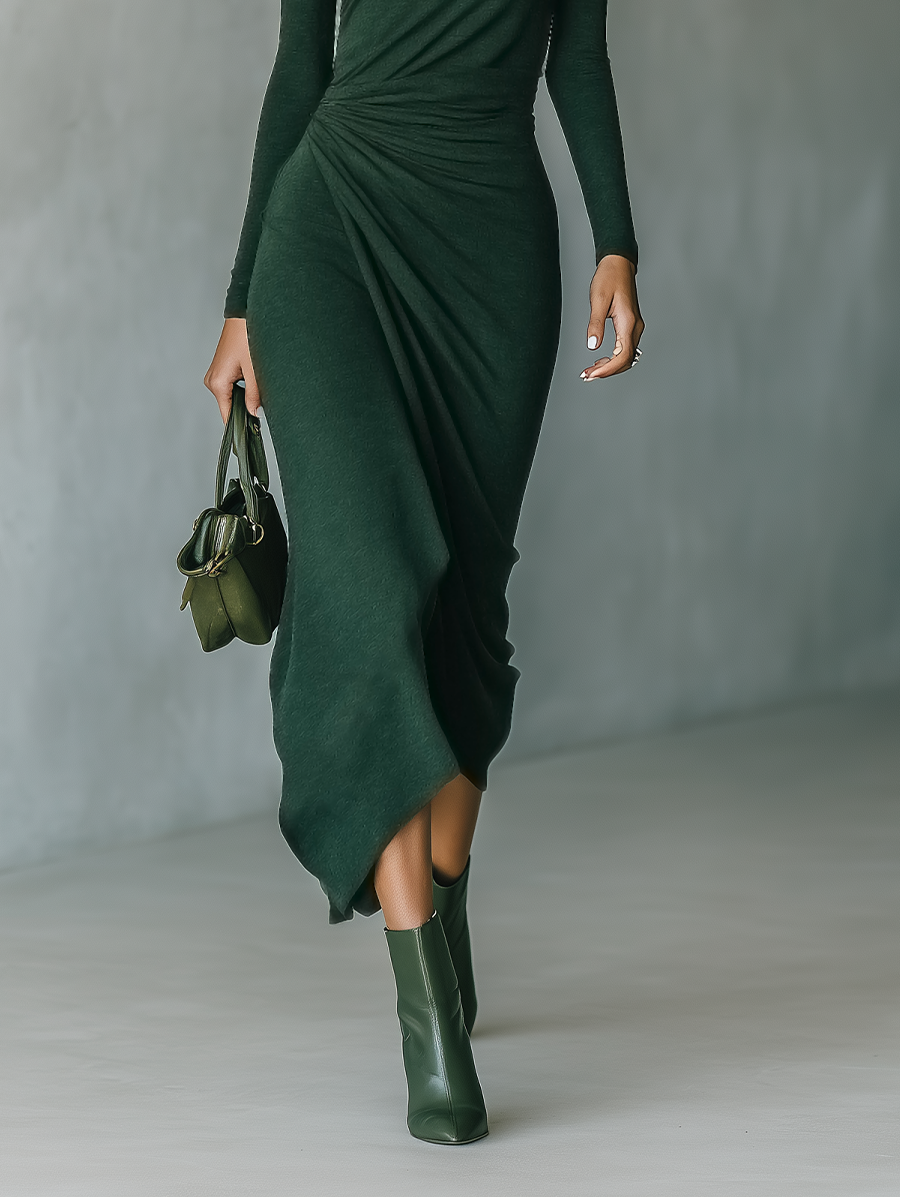 Women's Dark Green High-elastic Knitted High-neck Wrap Dress Midi Dress