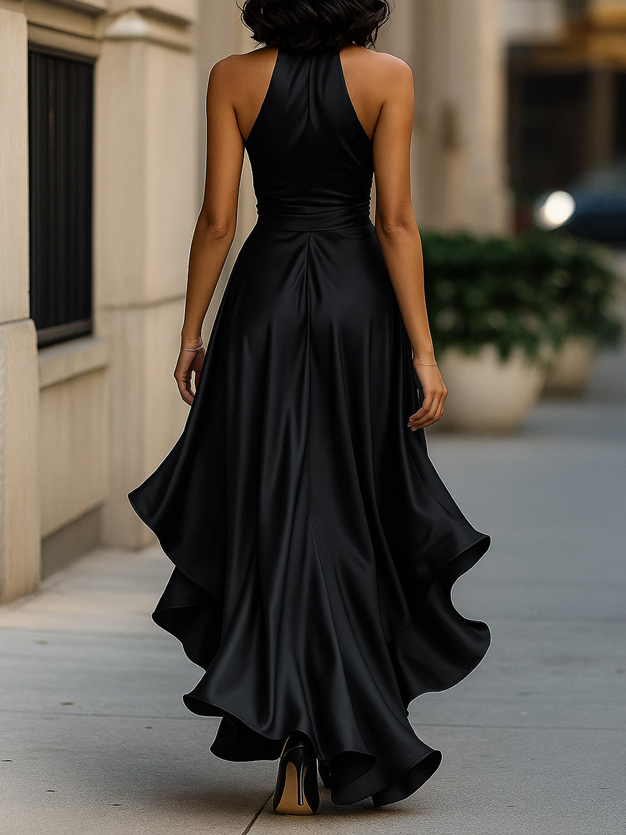 Violet & Grace - Midnight Elegance Satin Halter Ruffle Gown