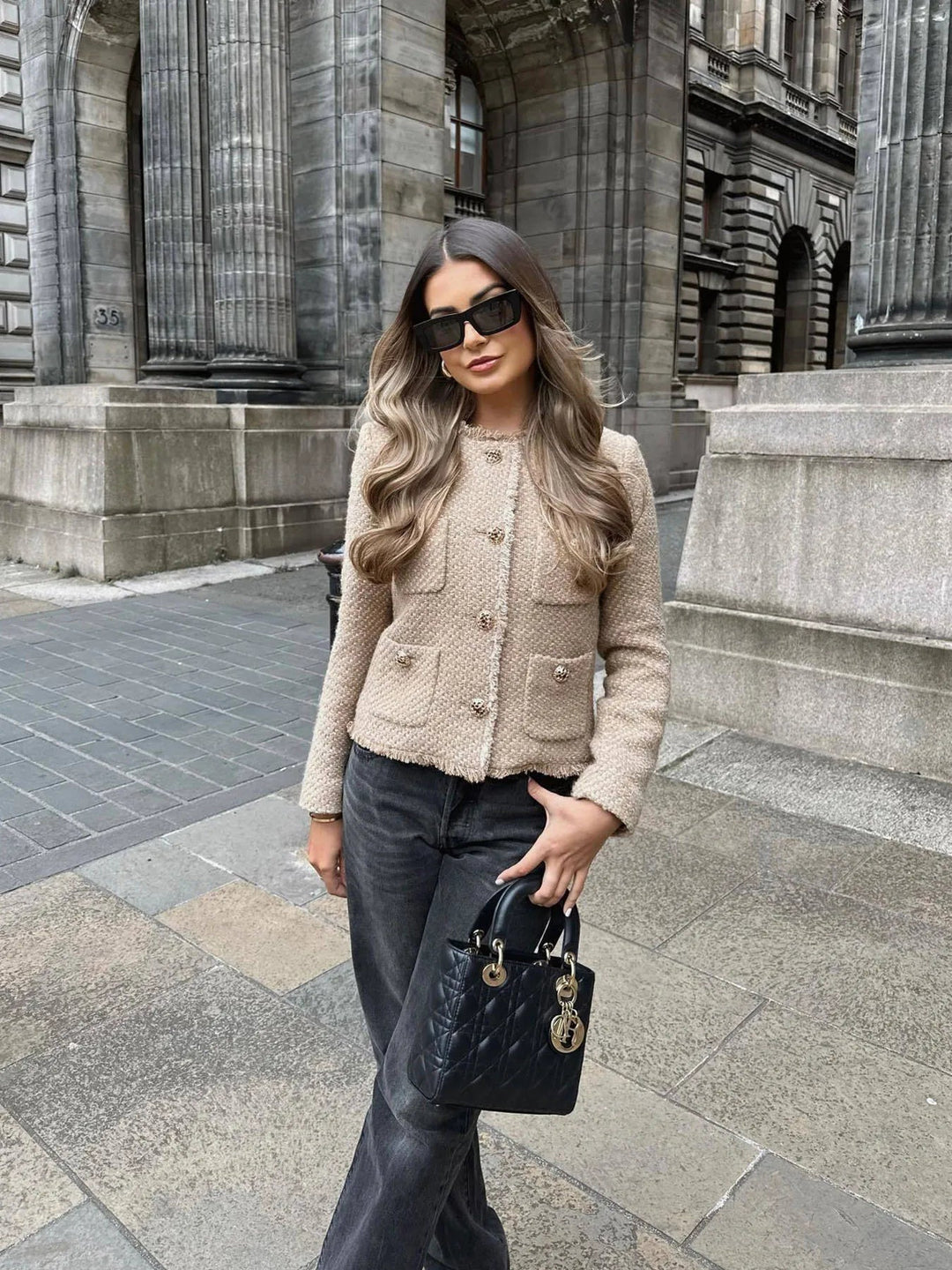 Short Tweed Blazer Jacket with Buttons for Women
