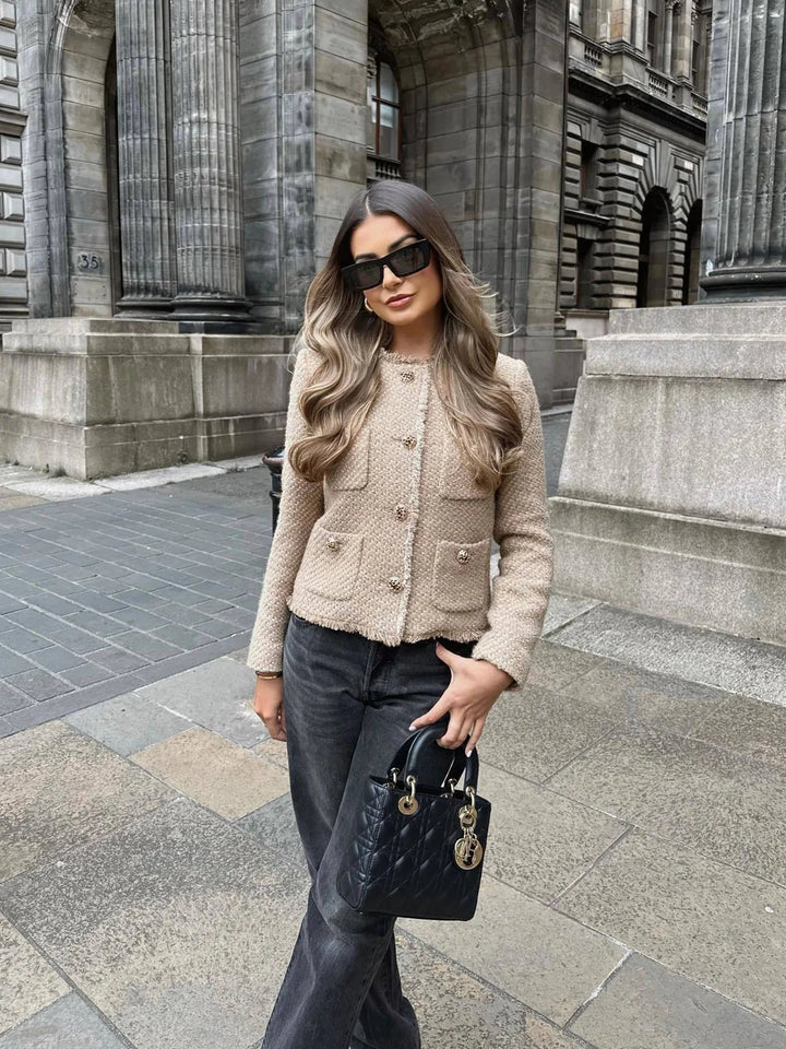 Short Tweed Blazer Jacket with Buttons for Women