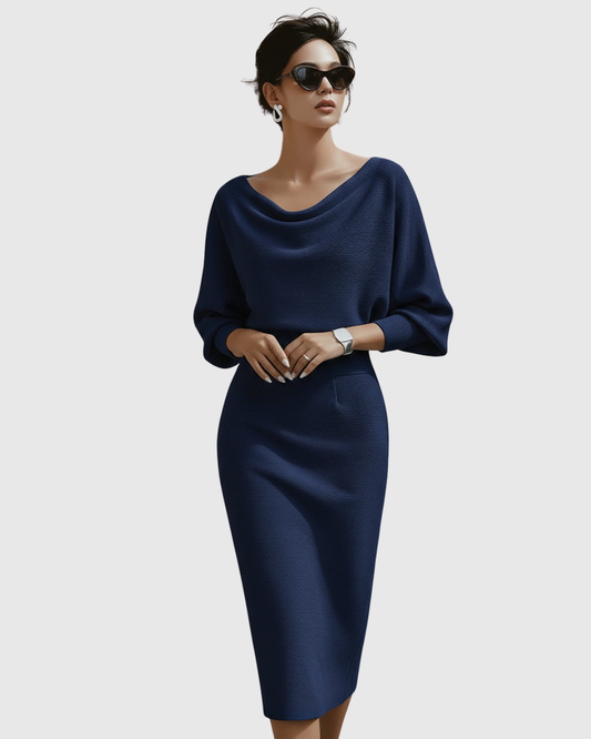 Ismeria | Vestido Midi Blanco Drapeado con Manga Murciélago