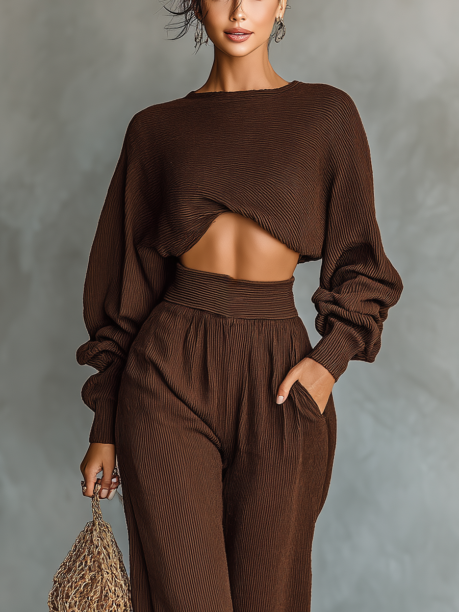 Women's Coffee-colored Short Top And Wide-leg Pants Knitted Set