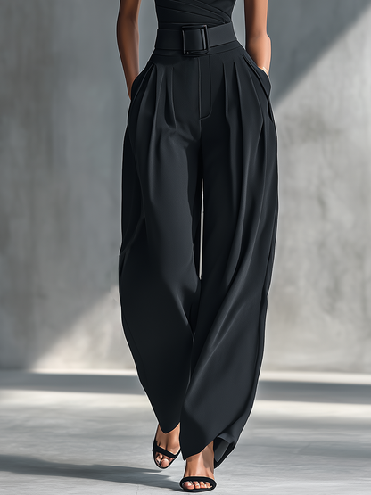 Women's Black High-elastic Knit Top And Acetate Wide-leg Pants