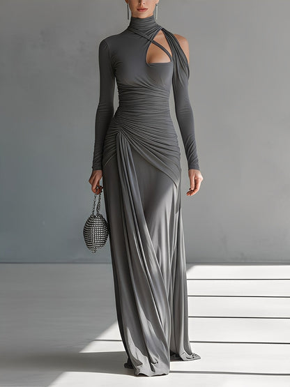 Women's Grey Silky Stretch Sophisticated Ruched Detail Cut-Out Maxi Dress