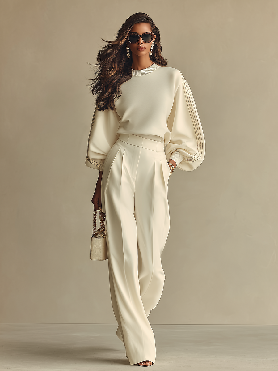Women's Ivory Textured Set With Ribbed Crew Neck & High-Waisted Bottoms, Modern Sophisticated Style Set