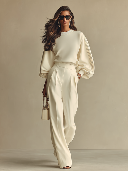 Women's Ivory Textured Set With Ribbed Crew Neck & High-Waisted Bottoms, Modern Sophisticated Style Set