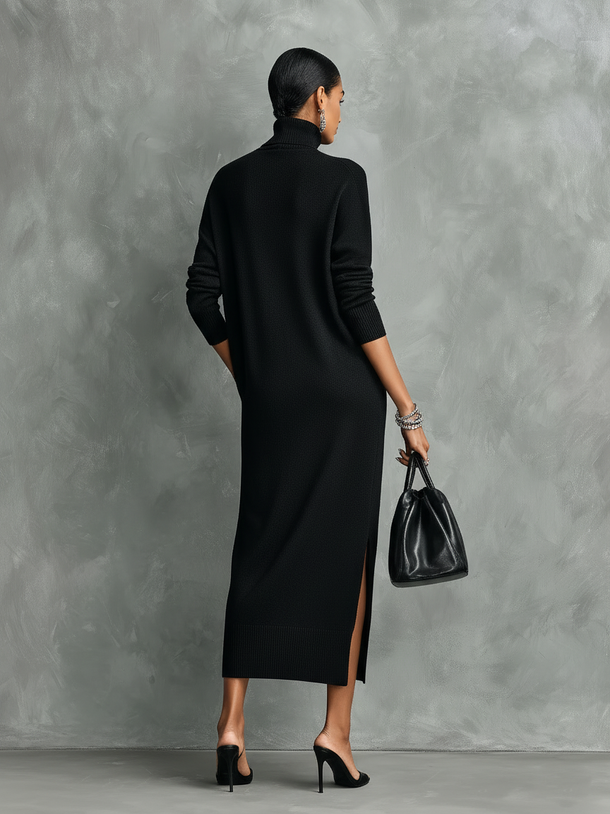 Women's Elegant Black Knitted Turtleneck Long-sleeved Loose-fitting Midi Dress With No Pockets