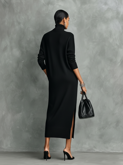 Women's Elegant Black Knitted Turtleneck Long-sleeved Loose-fitting Midi Dress With No Pockets