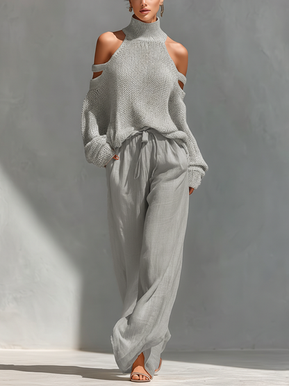 Women's Beige Knit Fabric Cold-Shoulder Turtleneck Top & Wide-Leg Pants Set