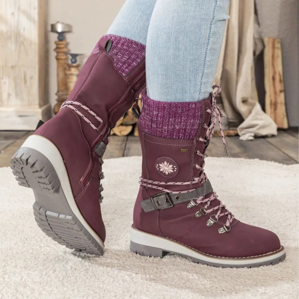 Botas de nieve con cordones para mujer – Puño de punto y hebilla – Suela antideslizante