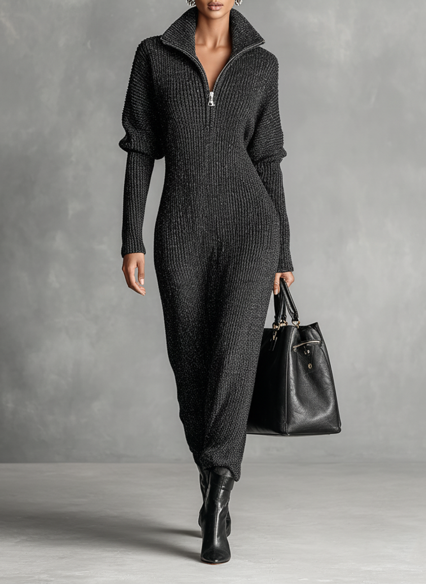 Women's Minimalist Solid Color Zipper Neck Knitted Maxi Dress