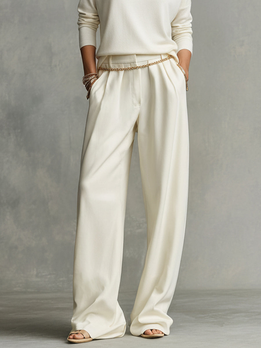 Women's Cream Soft Knit Chic Turtleneck Top & Flowy Wide-Leg Pant Set