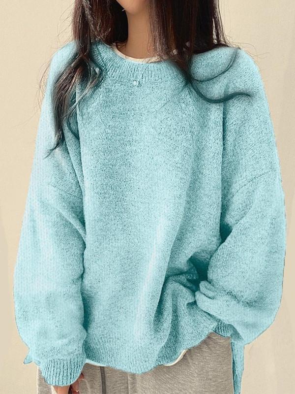 Women's Drop Shoulder Split Hem Round Neck Sweater