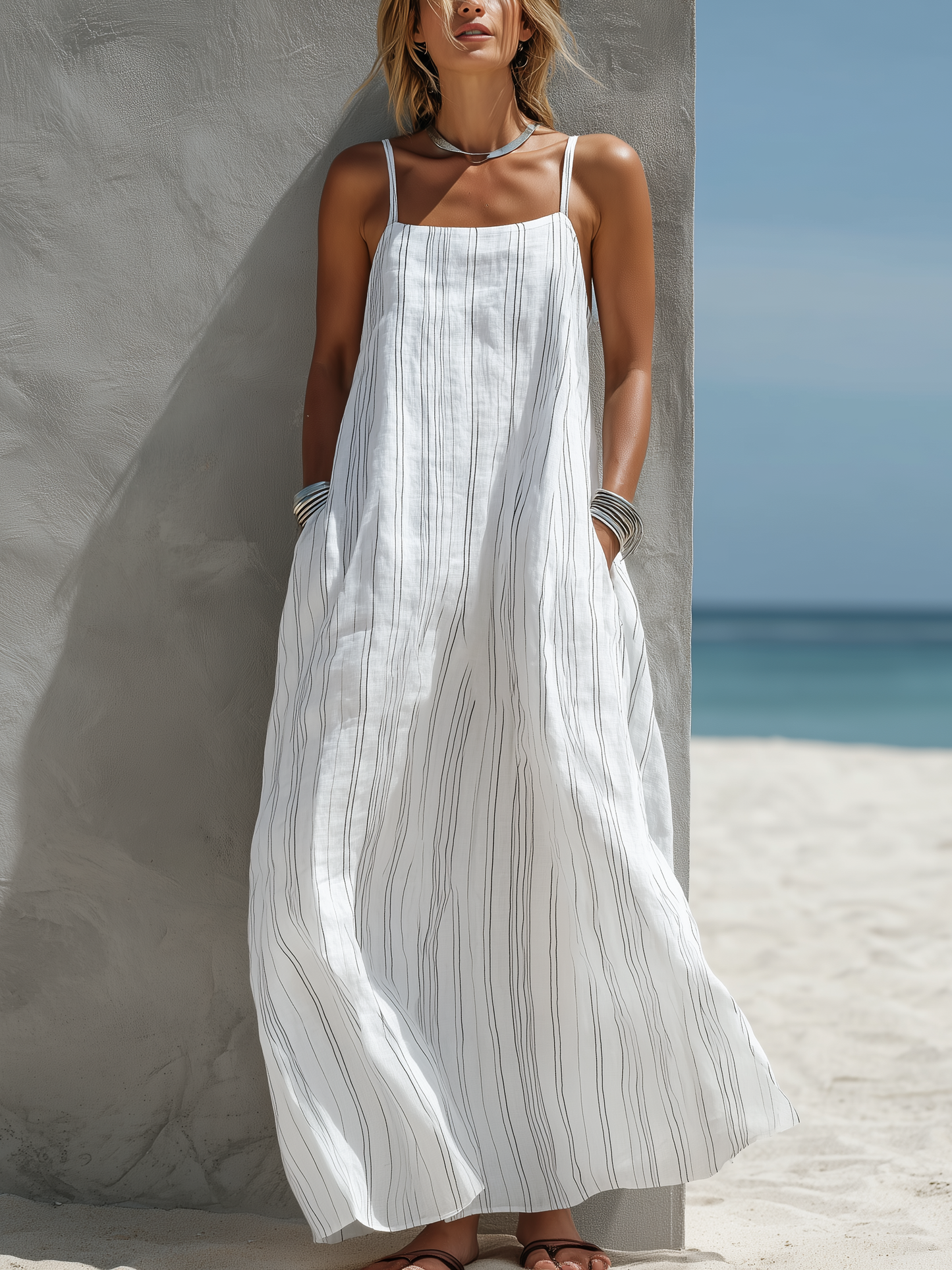 Women's Casual White Vertical Striped Woven Sleeveless Loose Long Dress