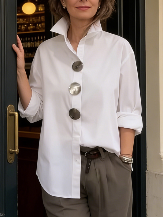 Cotton Linen Blouse with Elegant Collar and Metal Buttons