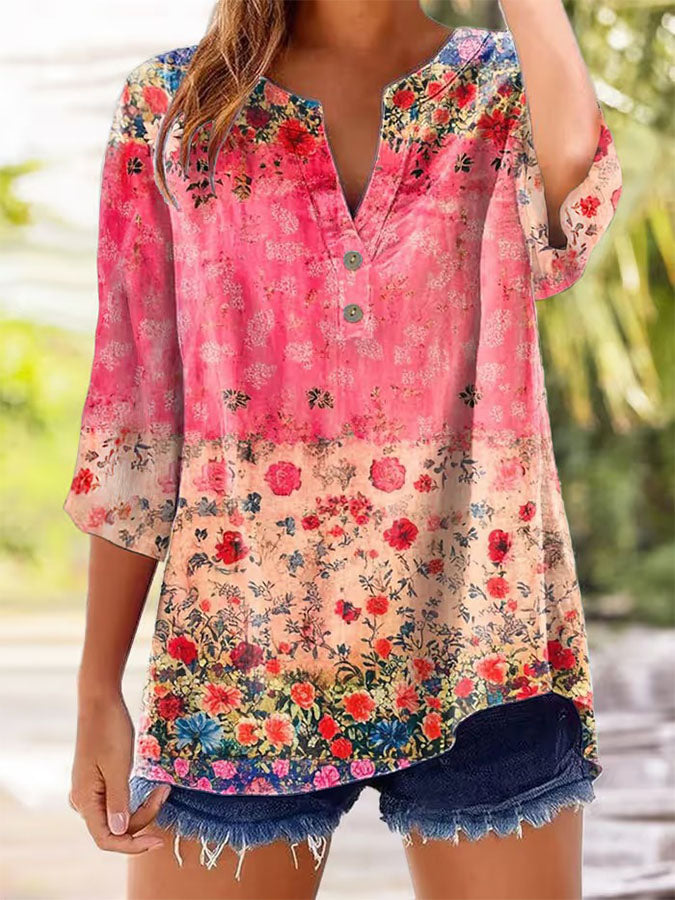 Women'S Retro Floral Print V-Neck Button Up Seven Quarter Sleeve Top