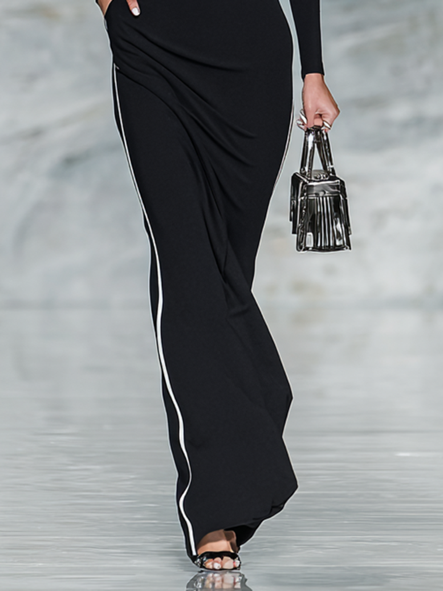 Women's Black And White Trim Square Neck Long Sleeve Tight Maxi Dress