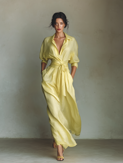 Maxi Shirt Dress for Women in Lemon Yellow with a Tie Belt & Three-Quarter Sleeves
